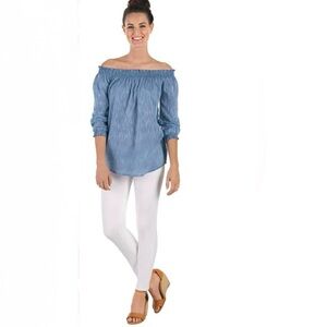 MUD PIE Foster Off The Shoulder Lightweight 3/4 Sleeve Slub Chambray Top Sz S